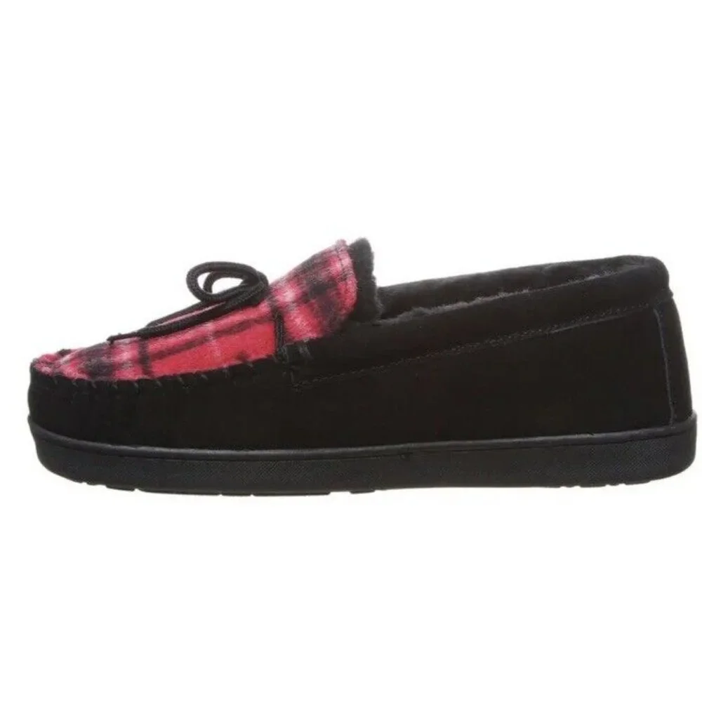 New BEARPAW Men Moc II Black Multi Red Plaid Slip On Slipper‎ Shearling Lined 9